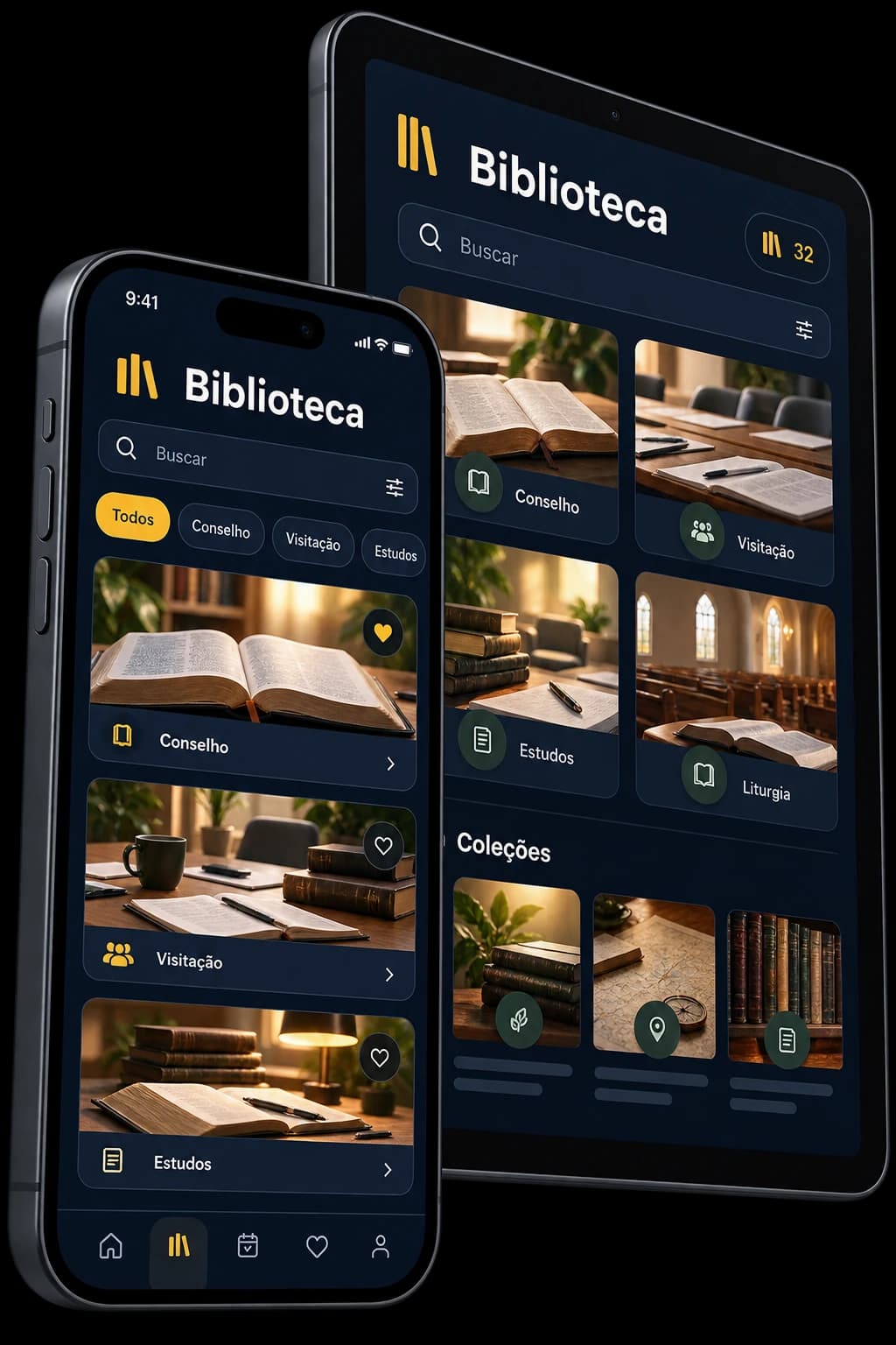 Interface da Biblioteca digital com busca, filtros e coleções de materiais