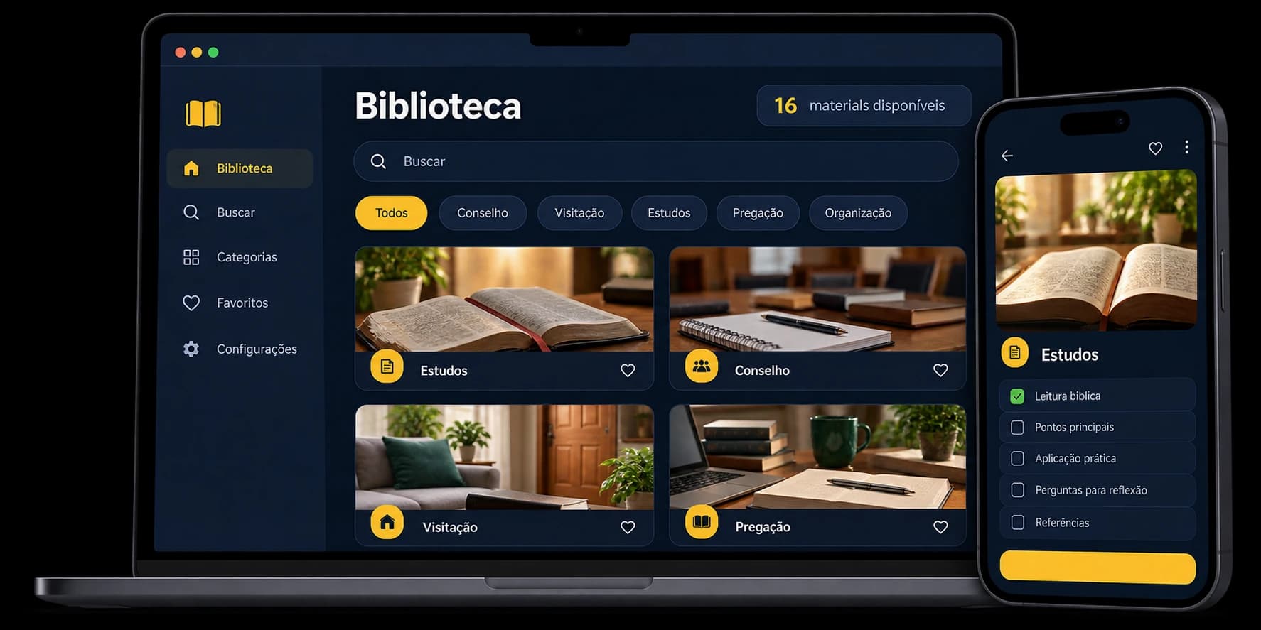 Visão geral da Biblioteca digital com categorias, materiais e checklist de estudo